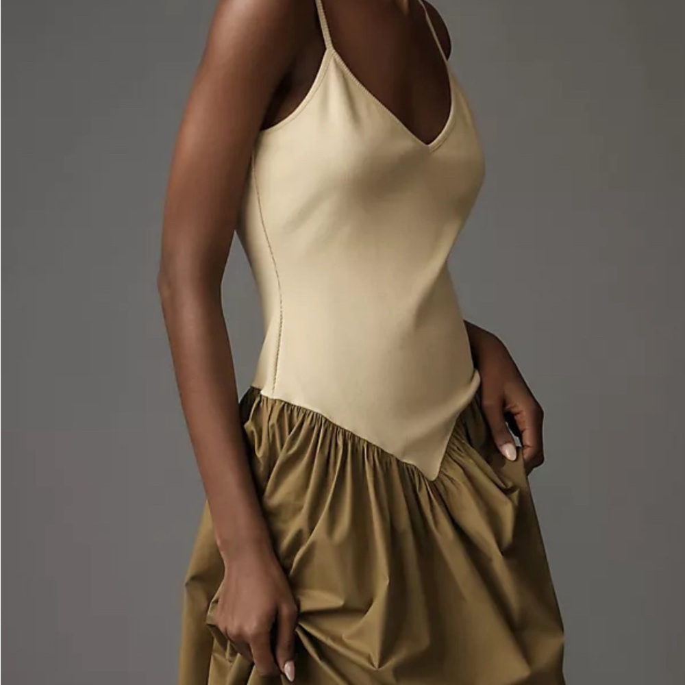 Anthropologie Maeve Sleeveless Ribbed DropWaist Poplin Twofer Midi Dress Size:XS - Picture 2 of 10
